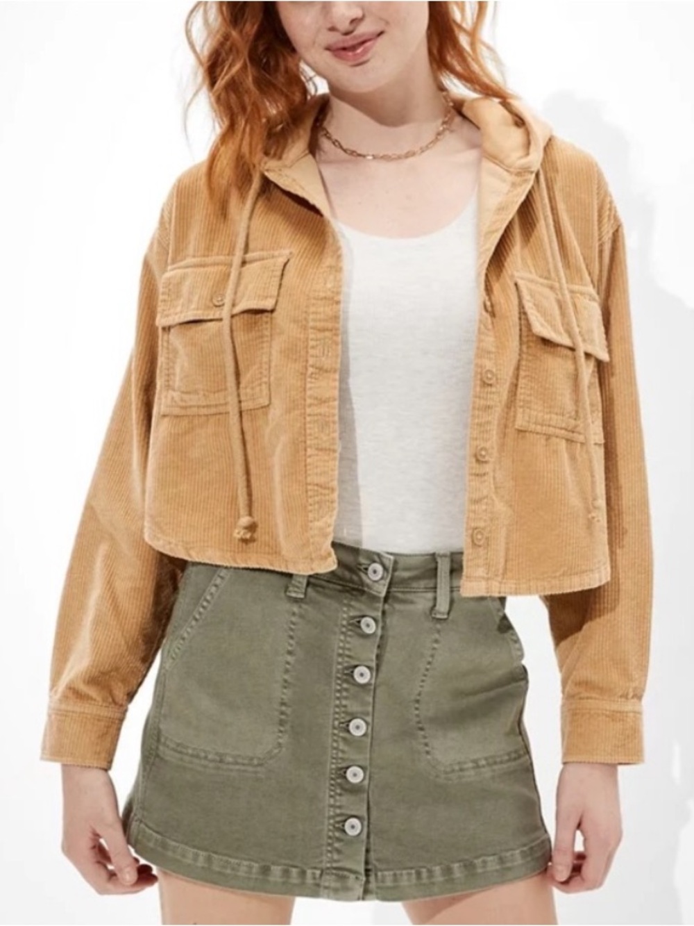American Eagle Outfitters Corduroy Hooded Jacket in Camel/Tan